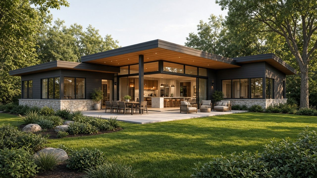Design rendering of a home's covered terrace with outdoor seating opening onto a lawn